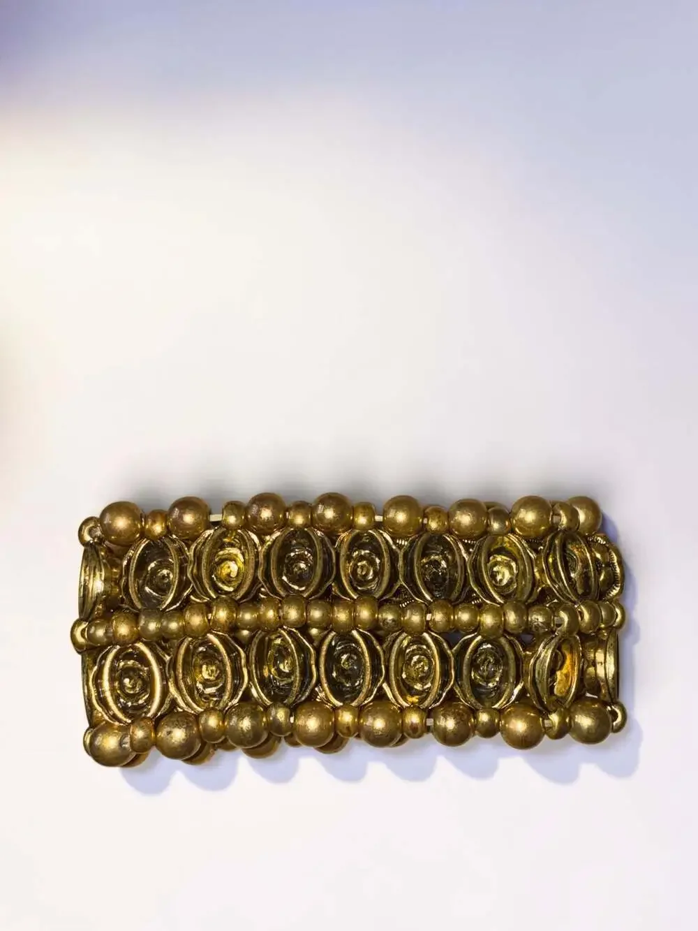 Vintage Chic 3D Metal Rose And Ball Bead Antique Gold Tone Chunk Statement Stret